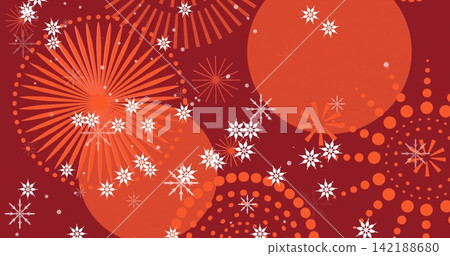 Displaying red pattern as festive backdrop with orange circles bursts dotted arcs white flakes Displaying red pattern as festive backdrop with orange circles bursts dotted arcs white flakes 142188680