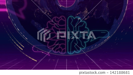 Displaying centered neon split-brain icon in virtual control space, featuring 'AI' chip, globe, HUD Displaying centered neon split-brain icon in virtual control space, featuring 'AI' chip, globe, HUD 142188681