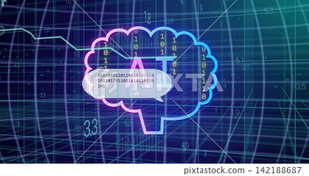 Glowing neon brain AI icon floating over 3D grid streaming binary digits showing speech bubble 142188687