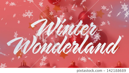 Featuring white Winter Wonderland script on pink gradient with red gold baubles stars snowflakes Featuring white Winter Wonderland script on pink gradient with red gold baubles stars snowflakes 142188689