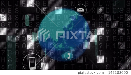 Rotating stylized globe hovering in virtual interface, showing mail phone gauge, alphanumeric grid Rotating stylized globe hovering in virtual interface, showing mail phone gauge, alphanumeric grid 142188690