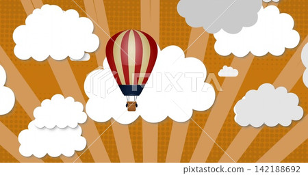 Floating red-cream striped hot air balloon drifting against orange sunburst sky, halftone clouds 142188692