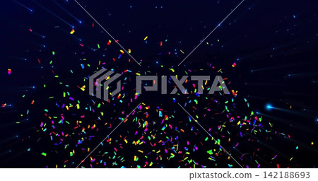 Swirling rectangular confetti forming dense cloud at navy backdrop, with glow and blue streaks Swirling rectangular confetti forming dense cloud at navy backdrop, with glow and blue streaks 142188693