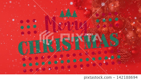 Showing Merry script and CHRISTMAS letters on red card with snowflakes, baubles, pinecones Showing Merry script and CHRISTMAS letters on red card with snowflakes, baubles, pinecones 142188694