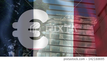 Covering large white euro symbol over city glass facade, tricolor and palm reflection, copy space 142188695