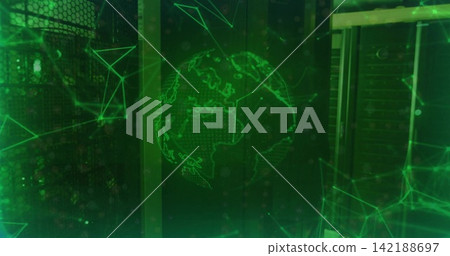 Glowing holographic wireframe globe projecting above server racks, with green network node mesh 142188697