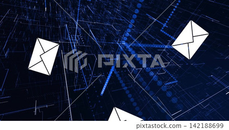 Floating three white envelope icons above navy-blue digital grid, with dotted lines and blue nodes Floating three white envelope icons above navy-blue digital grid, with dotted lines and blue nodes 142188699