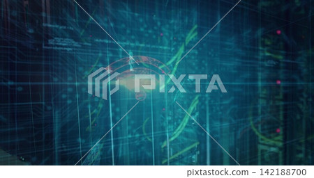 Floating holographic Wi-Fi symbol hovering above server racks in data center, with neon cables Floating holographic Wi-Fi symbol hovering above server racks in data center, with neon cables 142188700