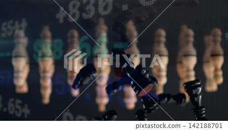 Shattering glossy black chess pieces falling in studio set, showing wooden pawn row and LED ticker 142188701