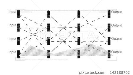 Displaying schematic network on white page, showing black nodes, arrows, X marks, hatched curve 142188702