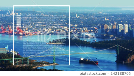 Spanning green suspension bridge across harbor channel, showing cargo ship container cranes overlay Spanning green suspension bridge across harbor channel, showing cargo ship container cranes overlay 142188705