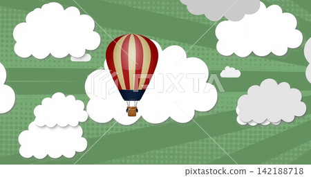 Sun warming air, red-and-cream hot air balloon rising over layered white clouds in green sky Sun warming air, red-and-cream hot air balloon rising over layered white clouds in green sky 142188718