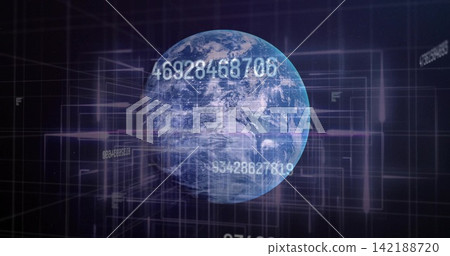 Displaying 3D Earth globe rotating in data space, with floating numeric strings, grid and UI frames Displaying 3D Earth globe rotating in data space, with floating numeric strings, grid and UI frames 142188720