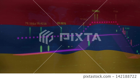 Displaying trading chart on screen, with green candles, dotted trendline, purple cloud, numbers 142188722
