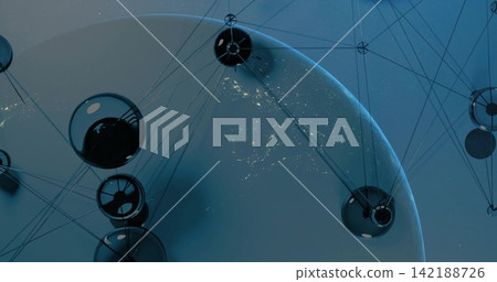 Network of glass spheres orbiting planet limb city lights, tethering by thin cables and hubs Network of glass spheres orbiting planet limb city lights, tethering by thin cables and hubs 142188726
