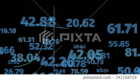 Plotting dotted numeric labels and cyan curve crossing axes on dark data display, with marked point 142188728