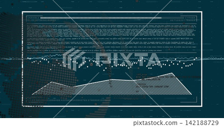 Displaying white-framed data panel on dark teal HUD, showing hatched area, dotted line, code text Displaying white-framed data panel on dark teal HUD, showing hatched area, dotted line, code text 142188729