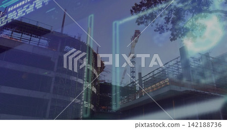 Showing multistory structure rising at construction site, with tower crane, scaffold, neon overlays Showing multistory structure rising at construction site, with tower crane, scaffold, neon overlays 142188736