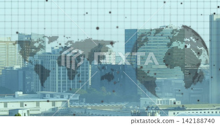 Displaying dotted globe decal on glass pane with safety grid at office window, obscuring skyline Displaying dotted globe decal on glass pane with safety grid at office window, obscuring skyline 142188740