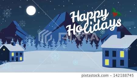 Showing large white Happy Holidays text with holly accent over snowy field, two houses, copy space Showing large white Happy Holidays text with holly accent over snowy field, two houses, copy space 142188745