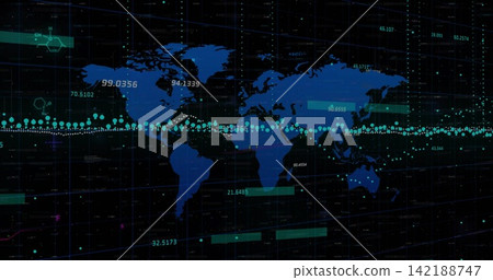 Displaying blue world map showing teal node stream across analytics dashboard with numeric panels Displaying blue world map showing teal node stream across analytics dashboard with numeric panels 142188747