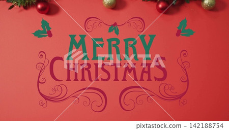 Centered MERRY CHRISTMAS text filling red banner showing two-color letters, holly, garland, baubles Centered MERRY CHRISTMAS text filling red banner showing two-color letters, holly, garland, baubles 142188754