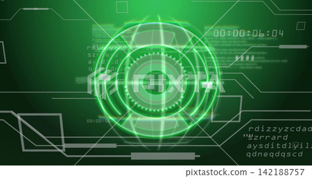 Rotating central luminous concentric holo interface pulsing on virtual HUD, with timer readout Rotating central luminous concentric holo interface pulsing on virtual HUD, with timer readout 142188757