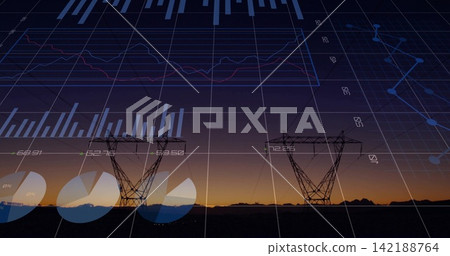 Showing two steel lattice transmission towers on plain at dusk with power lines, data overlays Showing two steel lattice transmission towers on plain at dusk with power lines, data overlays 142188764