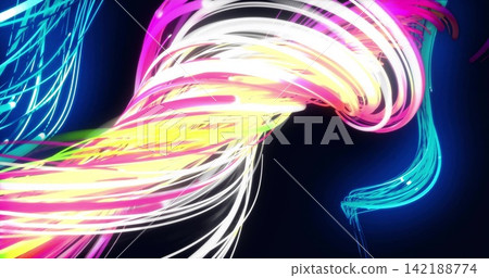 Swirling glowing neon ribbon cluster moving across navy-black canvas, with particle specks 142188774