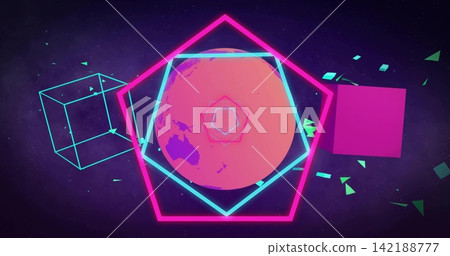 Rotating pink sphere in purple stars inside cyan square and magenta pentagon, lime-shards drifting Rotating pink sphere in purple stars inside cyan square and magenta pentagon, lime-shards drifting 142188777