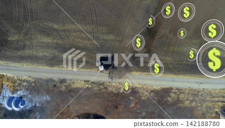 Driving tractor pulling plow along dirt road at rural farm, leaving dust plume, dollar icons Driving tractor pulling plow along dirt road at rural farm, leaving dust plume, dollar icons 142188780