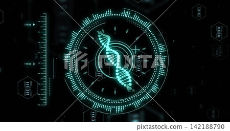 Displaying teal glowing DNA helix within circular HUD with radial ticks, hex panels, left scale Displaying teal glowing DNA helix within circular HUD with radial ticks, hex panels, left scale 142188790
