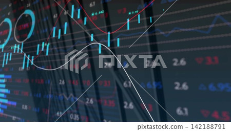 Displaying market dashboard on monitor at trading desk, showing candlesticks, trend lines, gauge 142188791