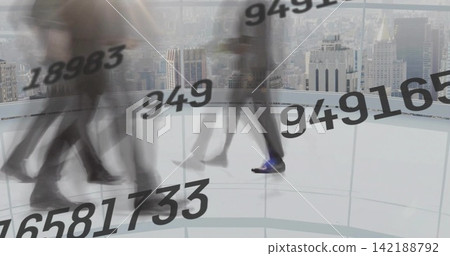 Walking blurred suited legs crossing shiny roof deck, curved glass rail, numeric digits, blue shoe Walking blurred suited legs crossing shiny roof deck, curved glass rail, numeric digits, blue shoe 142188792