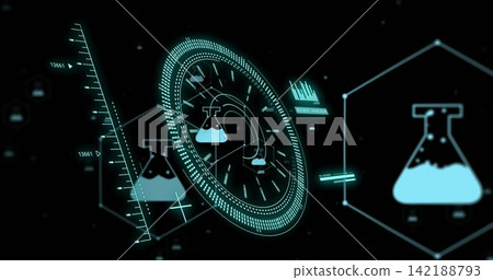 Displaying central holographic circular HUD in virtual lab dashboard, showing flask icons, ruler Displaying central holographic circular HUD in virtual lab dashboard, showing flask icons, ruler 142188793