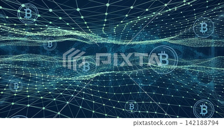 Visualizing central 3D blockchain network mesh glowing on dark blue field, with Bitcoin symbols Visualizing central 3D blockchain network mesh glowing on dark blue field, with Bitcoin symbols 142188794