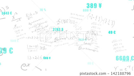 Displaying centered cluster of handwritten math equations with cyan currency labels on white sheet Displaying centered cluster of handwritten math equations with cyan currency labels on white sheet 142188796