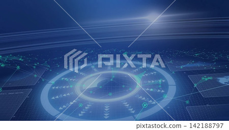 Data pulse activating central hologram circular interface rotating on dark blue grid, mapping nodes Data pulse activating central hologram circular interface rotating on dark blue grid, mapping nodes 142188797