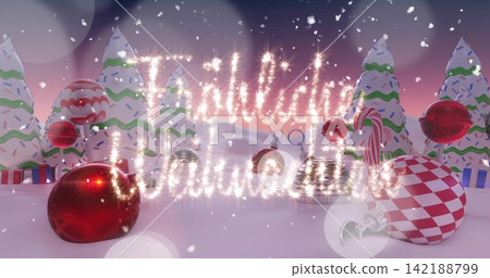 Glittering spark-based script floating above snowy plain, with glossy red baubles, checker sphere Glittering spark-based script floating above snowy plain, with glossy red baubles, checker sphere 142188799