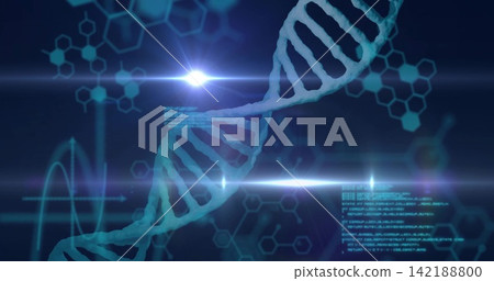 Showing teal DNA double helix running diagonally in lab UI, hexagons, graph, cyan code, flares Showing teal DNA double helix running diagonally in lab UI, hexagons, graph, cyan code, flares 142188800