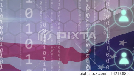 Showing flag waving in cyber field, red-white, blue starfield, flowing binary, hex-grid, user-icons Showing flag waving in cyber field, red-white, blue starfield, flowing binary, hex-grid, user-icons 142188803