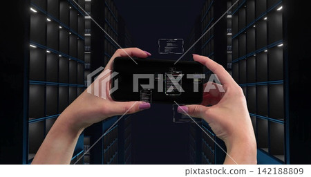 Tapping painted-nail hands reacting to holo UI appearing on phone in server aisle, monitoring racks Tapping painted-nail hands reacting to holo UI appearing on phone in server aisle, monitoring racks 142188809