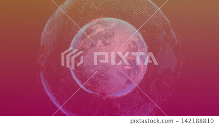 Vertical video: Starting digital globe rotating and pulsing with rings, node mesh on orange-magenta 142188810