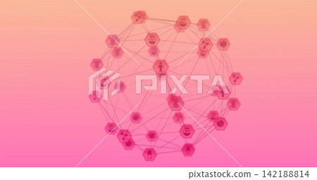 Displaying translucent wireframe sphere with hexagonal nodes and lab icons against peach gradient 142188814