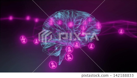 Showing 3D wireframe brain pulsing with magenta nodes in virtual space, with avatar icons Showing 3D wireframe brain pulsing with magenta nodes in virtual space, with avatar icons 142188833