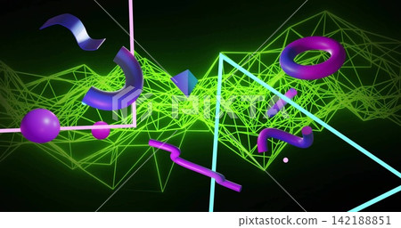 Glowing neon-green wireframe ridge and glossy purple torus and sphere floating in virtual 3D studio Glowing neon-green wireframe ridge and glossy purple torus and sphere floating in virtual 3D studio 142188851