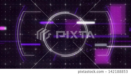 Displaying central white HUD ring with tick marks pulsing on starfield, crosshair grid, purple arcs Displaying central white HUD ring with tick marks pulsing on starfield, crosshair grid, purple arcs 142188853