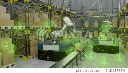 Operating robotic arm on mobile base picking package at conveyor in warehouse, green network icons Operating robotic arm on mobile base picking package at conveyor in warehouse, green network icons 142188854
