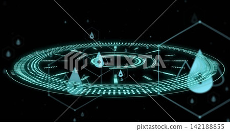 Floating cyan holographic circular interface glowing in black void, showing concentric rings, drops Floating cyan holographic circular interface glowing in black void, showing concentric rings, drops 142188855