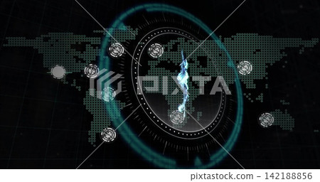 Displaying central circular HUD with glowing energy streak on control-panel, showing dot-hex map Displaying central circular HUD with glowing energy streak on control-panel, showing dot-hex map 142188856
